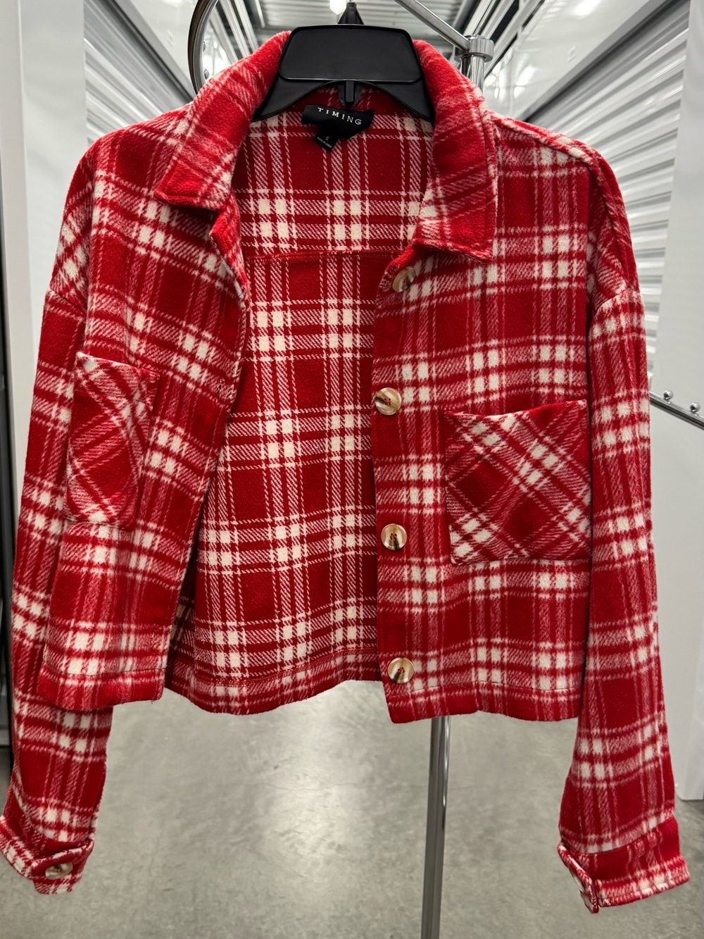 Timing Red and White Plaid Cropped Button-Front Jacket